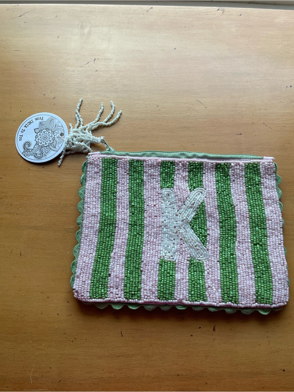 Beaded Monogram 'K' Stripe Clutch - Pink & Green